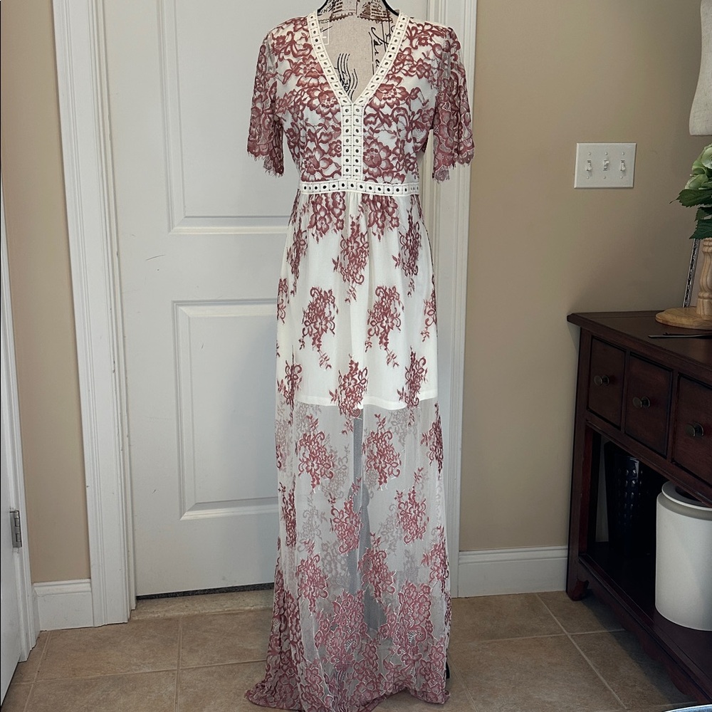 Peach Love California Maxi Dress with dusty rose Lace